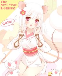 Rule 34 | 1girl, :d, absurdres, animal, animal ears, blush, cheese, chinese zodiac, commentary request, cushion, english text, flower, flying sweatdrops, food, hair between eyes, hair flower, hair ornament, highres, japanese clothes, kadomatsu, kagami mochi, kimono, long hair, looking at viewer, mouse (animal), mouse ears, mouse girl, mouse tail, no shoes, non (wednesday-classic), obi, open mouth, original, personification, pink eyes, red flower, sash, seiza, short kimono, short sleeves, sitting, smile, socks, solo, tabi, tail, white hair, white kimono, white socks, year of the rat, zabuton