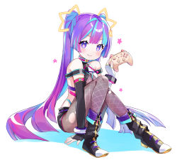 Rule 34 | 1girl, amimi, blue hair, blush, closed mouth, controller, fishnets, game controller, highres, holding, holding controller, holding game controller, indie virtual youtuber, long hair, looking at viewer, lunatrix, multicolored hair, purple hair, shirt, sitting, sleeveless, sleeveless shirt, smile, solo, star (symbol), twintails, virtual youtuber, white background