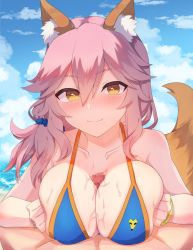 Rule 34 | 1boy, 1girl, animal ear fluff, animal ears, ashido (acidex), bikini, blue bikini, blush, breasts, breasts squeezed together, censored, cleavage, clothed female nude male, clothed sex, collarbone, fate/grand order, fate (series), fox ears, fox girl, fox tail, hair between eyes, hetero, highres, large breasts, looking at viewer, mosaic censoring, nude, ocean, outdoors, paizuri, paizuri under clothes, penis, pink hair, pov, side-tie bikini bottom, smile, solo focus, swimsuit, tail, tamamo (fate), tamamo no mae (fate/extra), tamamo no mae (swimsuit lancer) (fate), yellow eyes