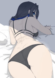 Rule 34 | 1girl, absurdres, ass, blue eyes, blue hair, bra, butt crack, dimples of venus, hair intakes, highres, holocouncil, hololive, hololive english, looking at viewer, looking back, lying, ouro kronii, panties, pululupaint, short hair, simple background, underwear, virtual youtuber