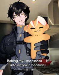 1boy absurdres baking_my_long_distance_bf_into_a_cookie_because_i_miss_him_(meme) black_gloves black_hair black_jacket cevy_(creepysyrup) closed_mouth cookie covered_collarbone cowboy_shot ear_piercing eating english_text food food_on_face gloves grey_shirt hair_between_eyes hand_up highres holding holding_food implied_yaoi indoors jacket jewelry kitchen long_sleeves male_rover_(wuthering_waves) meme necklace open_clothes open_jacket oven piercing pocket rover_(wuthering_waves) scar_(wuthering_waves) shirt short_hair solo standing wuthering_waves yellow_eyes