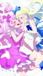 Rule 34 | 2girls, :d, aozora himari, blonde hair, blue bow, blue dress, blunt bangs, bow, closed eyes, commentary request, dress, face-to-face, facing another, floating hair, hair bow, highres, himitsu no aipri, holding hands, hoshikawa mitsuki, idol clothes, interlocked fingers, long hair, moukinui, multiple girls, open mouth, pink bow, pink dress, pink hair, pretty series, sleeveless, sleeveless dress, smile, standing, twintails