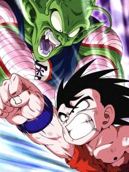 Rule 34 | 2boys, antennae, black eyes, black hair, clenched teeth, colored skin, dragon ball, dragon ball (classic), fangs, green skin, highres, male focus, motion lines, multiple boys, open mouth, piccolo daimaou, pointy ears, son goku, teeth, toei animation, torn clothes, wai (y48754085), wristband
