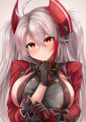 Rule 34 | 1girl, absurdres, antenna hair, azur lane, breasts, buttons, clothing cutout, cross, cross earrings, double-breasted, earrings, highres, huge filesize, iron cross, jewelry, large breasts, long hair, long sleeves, looking at viewer, multicolored hair, orange eyes, prinz eugen (azur lane), ryara, side cutout, silver hair, smile, solo, streaked hair, two side up