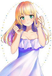 Rule 34 | 1girl, bare arms, bare shoulders, blonde hair, blunt bangs, blush, breasts, cleavage, closed mouth, collarbone, commentary request, dress, frilled dress, frills, green eyes, hands up, long hair, looking at viewer, medium breasts, moi (latte art), multicolored hair, original, purple hair, simple background, sleeveless, sleeveless dress, smile, solo, sundress, two-tone hair, white background, white dress