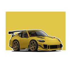 Rule 34 | absurdres, border, car, chibi, commentary, english commentary, highres, motor vehicle, nissan, nissan fairlady z, nissan z (rz34), no humans, original, shadow, spoiler (automobile), vehicle focus, vincent (outerheaven w), white border, yellow background