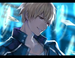 Rule 34 | 1boy, black jacket, blonde hair, collarbone, fate/stay night, fate (series), gilgamesh (fate), grin, jacket, letterboxed, magic, male focus, official alternate costume, open clothes, open jacket, red eyes, shirt, signature, smile, solo, sword, tcb, upper body, weapon