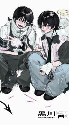 2boys absurdres arm_on_thigh arm_warmers baggy_pants bandaid bandaid_on_finger black_footwear black_hair black_necktie black_shirt chenpeipeii demon_horns demon_tail denim elbow_on_thigh fake_halo fangs full_body glasses grey_pants grin halo head_tilt highres hime_cut holding_straw hood hoodie horns jeans knees_up looking_at_viewer loose_necktie medium_hair multiple_boys necktie original pants polka_dot_outline red_pupils shirt short_hair short_sleeves shoulder_strap simple_background sitting skirt smile tail tareme tongue tongue_out tsurime v vest white-framed_eyewear white_background white_eyes white_hoodie white_vest wolf_cut yellow_halo