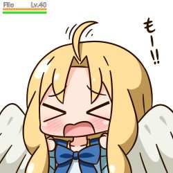 Rule 34 | &gt; &lt;, 1girl, ahoge, ahoge wag, blonde hair, blue bow, blue dress, blush, bow, character name, chibi, closed eyes, collarbone, commentary request, dress, expressive hair, facing viewer, feathered wings, filo (tate no yuusha no nariagari), gameplay mechanics, hana kazari, hands up, health bar, highres, long hair, open mouth, sidelocks, simple background, solo, tate no yuusha no nariagari, translation request, upper body, white background, white wings, wings