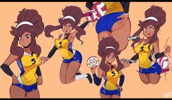 Rule 34 | 1girl, 2021, 20s, absurdres, adjusting clothes, adjusting shorts, ass, ball, black footwear, blue shorts, breasts, brown hair, collarbone, dark skin, dated, flying sweatdrops, grin, hairband, hand on own hip, highres, holding, holding ball, jumping, long hair, looking at viewer, looking down, march, mari (tiaramisstsu), medium breasts, mole, mole on thigh, multiple views, open mouth, orange background, ponytail, red eyes, shirt, shoes, shorts, sleeveless, sleeveless shirt, smile, socks, sportswear, standing, surprised, teeth, tiaramisstsu, volleyball, volleyball (object), volleyball uniform, white socks, yellow shirt