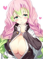 Rule 34 | 1girl, blouse, blush, braid, breasts, cleavage, drill hair, gradient hair, green hair, hair between eyes, hand to own mouth, haori, heart, highres, igayan, japanese clothes, kanroji mitsuri, kimetsu no yaiba, large breasts, long hair, long sleeves, looking at viewer, mole, mole under eye, multicolored hair, no bra, open clothes, open shirt, partially unbuttoned, pink hair, shirt, simple background, solo, twin braids, twin drills, two-tone hair, upper body, white background