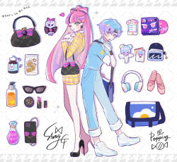 Rule 34 | 1boy, 1girl, alternate costume, bag, ballet slippers, blue eyes, blue hair, bow, cookie run, headphones, high heels, humanization, light blue hair, lipstick, long hair, looking at viewer, makeup, mamimumemo, microphone, multicolored hair, one eye closed, personification, pink eyes, pink hair, popping candy cookie, shining glitter cookie, short hair, sunglasses, two-tone hair