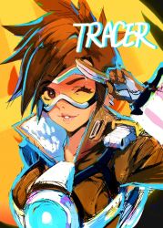 Rule 34 | 1girl, black gloves, bomber jacket, brown hair, brown jacket, character name, chest harness, chkuyomi, gloves, goggles, harness, high collar, jacket, leather, leather jacket, lips, long sleeves, looking at viewer, overwatch, overwatch 1, parted lips, salute, short hair, smile, solo, spiked hair, tracer (overwatch), upper body
