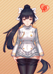 Rule 34 | (9) pai bingxiang, 1girl, azur lane, black hair, black pantyhose, bow, breasts, clothes pull, cowboy shot, gluteal fold, hair bow, heart, highres, jacket, long hair, looking at viewer, medium breasts, military, military uniform, miniskirt, pantyhose, pantyhose pull, pleated skirt, ponytail, skirt, takao (azur lame), thighband pantyhose, uniform, very long hair, white bow, white jacket, white skirt