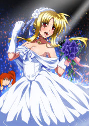 Rule 34 | blonde hair, bouquet, breasts, cleavage, dated, dress, fate testarossa, flower, frills, gloves, hair between eyes, highres, holding, holding bouquet, light stick, long hair, lyrical nanoha, mahou shoujo lyrical nanoha strikers, medium breasts, microphone, off-shoulder dress, off shoulder, open mouth, purple flower, red eyes, solo focus, takamachi nanoha, tappa (esperanza), teeth, upper teeth only, wedding dress, white dress, white gloves