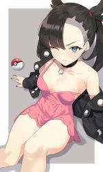 Rule 34 | 1girl, aqua eyes, asymmetrical bangs, asymmetrical hair, black hair, black jacket, black nails, blush, breasts, choker, collarbone, commentary request, creatures (company), dress, earrings, from above, game freak, grey background, hair ribbon, highres, jacket, jewelry, long sleeves, looking at viewer, marnie (pokemon), medium breasts, nail polish, nintendo, no bra, off-shoulder jacket, off shoulder, one eye closed, open clothes, pink dress, poke ball, poke ball (basic), pokemon, pokemon swsh, red ribbon, ribbon, seon (seonon ), simple background, sitting, solo, strap slip, twintails, white background