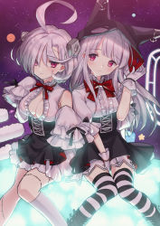Rule 34 | 2girls, ahoge, anchor, animal hood, asymmetrical legwear, azur lane, bad id, bad pixiv id, bare shoulders, between legs, black footwear, black skirt, boots, breasts, center frills, closed mouth, commentary request, detached sleeves, erebus (azur lane), frills, gloves, hair between eyes, hand between legs, head tilt, high-waist skirt, hood, hood up, kneehighs, large breasts, long hair, long sleeves, looking at viewer, multiple girls, night, night sky, planet, pleated skirt, puffy short sleeves, puffy sleeves, red eyes, shirt, short hair, short sleeves, silver hair, single kneehigh, single sock, skirt, sky, sleeves past wrists, small breasts, smile, socks, star (sky), starry sky, stitches, striped clothes, striped legwear, striped thighhighs, terror (azur lane), thighhighs, tsukigami runa, uneven legwear, very long hair, white gloves, white legwear, white shirt