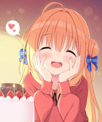 Rule 34 | 1girl, ^ ^, ahoge, birthday cake, blonde hair, blue bow, blush, bow, cake, candle, casual, closed eyes, commentary request, double bun, eyelashes, facing viewer, fingernails, food, fruit, hair between eyes, hair bow, hair bun, hair intakes, hamidashi creative, hands on own cheeks, hands on own face, happy, happy birthday, head rest, heart, highres, izumi hiyori, lips, long hair, long sleeves, open mouth, orange background, red sweater, sidelocks, simple background, smile, solo, spoken heart, straight-on, straight hair, strawberry, sweater, two-tone background, two side up, upper body, utsunomiya tsumire, yellow background