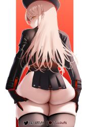 Rule 34 | 1girl, ass, beret, black gloves, black hat, black jacket, blonde hair, closed eyes, commentary, english commentary, from behind, gloves, goddess of victory: nikke, hair between eyes, hat, highres, jacket, long hair, long sleeves, looking at viewer, looking back, patreon logo, patreon username, profile, raised eyebrow, rapi (nikke), red background, solo, thighhighs, thighs, twitter logo, twitter username, very long hair, watermark, white background, yellow eyes, zasshu