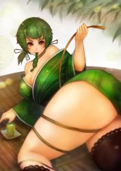 Rule 34 | 1girl, absurdres, bad id, bad pixiv id, breasts, dango, food, green hair, highres, huge breasts, japanese clothes, kimono, original, personification, red eyes, solo, thick thighs, thighs, twintails, wagashi, yaoya musuko