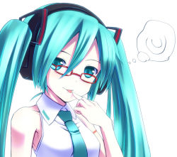 Rule 34 | 1girl, :p, aqua eyes, aqua hair, bad id, bad nicoseiga id, bare shoulders, bespectacled, face, glasses, hatsune miku, headphones, inuga anahoru, lat model (mikumikudance), long hair, looking at viewer, necktie, simple background, smile, solo, thought bubble, tongue, tongue out, twintails, vocaloid