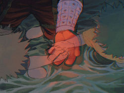 Rule 34 | 3boys, aged down, baggy pants, bakugou katsuki, black pants, blonde hair, boku no hero academia, child, chromatic aberration, da ning (llemonyyyy), film grain, from above, gloves, glowing, glowing hand, green gloves, green hair, highres, holding hands, imagining, knees up, midoriya izuku, multiple boys, open hand, orange gloves, outdoors, outstretched arm, outstretched hand, pants, partially submerged, reaching, shirt, short sleeves, sitting, spiked hair, spoilers, standing, transparent, two-tone gloves, wading, walking, water, yellow shirt