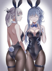Rule 34 | 2girls, ak-12 (girls&#039; frontline), an-94 (girls&#039; frontline), animal ears, ass, back, bare shoulders, black legwear, black leotard, blue eyes, bow, bowtie, breasts, cleavage, closed eyes, closed mouth, cowboy shot, detached collar, fake animal ears, fake tail, folded ponytail, girls&#039; frontline, gluteal fold, gradient background, hairband, half-closed eyes, highres, legs together, lemode, leotard, lips, long hair, looking at viewer, looking back, medium breasts, multiple girls, pantyhose, parted lips, playboy bunny, rabbit ears, rabbit tail, ribbon, sidelocks, silver hair, simple background, smile, tail, thigh gap, thigh strap, very long hair, wavy hair