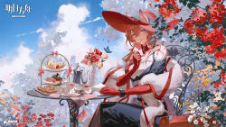 Rule 34 | 1girl, animal ears, arknights, black dress, blue eyes, blue sky, bow, bug, butterfly, cake, cup, dress, flower, food, gloves, heidi (arknights), highres, insect, jewelry, letter, looking at viewer, official art, red gloves, red hair, red headwear, ring, sky, teacup, teapot