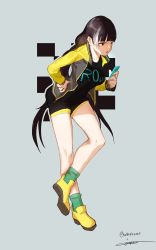 Rule 34 | 1girl, absurdres, alternate costume, bad id, bad pixiv id, black hair, black shirt, black shorts, breasts, casual, cellphone, character name, clothes writing, collarbone, full body, girls&#039; frontline, green socks, grey background, hand on own hip, heterochromia, highres, holding, holding phone, jacket, junexp, large breasts, long hair, long sleeves, low twintails, multicolored hair, open clothes, open jacket, parted lips, phone, red eyes, ro635 (girls&#039; frontline), shirt, shoes, short shorts, shorts, sidelocks, signature, simple background, smartphone, socks, solo, standing, standing on one leg, streaked hair, twintails, twitter username, very long hair, white hair, yellow eyes, yellow footwear, yellow jacket, zipper pull tab