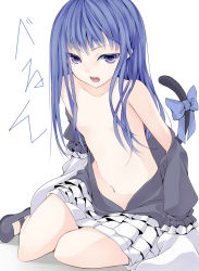 Rule 34 | 1girl, absurdres, bare shoulders, blue hair, bow, breasts, cat tail, censored, collarbone, convenient censoring, dress, frederica bernkastel, frills, highres, long hair, long sleeves, mary janes, navel, nemu (nebusokugimi), no naku koro ni (series), open clothes, open mouth, purple eyes, ribbon, shoes, simple background, sitting, small breasts, solo, tail, tail bow, tail ornament, tail ribbon, umineko no naku koro ni, undressing, white background