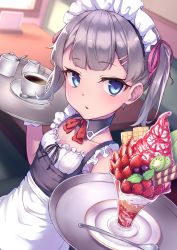 Rule 34 | 1girl, apron, bad id, bad pixiv id, black collar, black ribbon, blue eyes, blurry, blurry background, breasts, coffee, collar, collarbone, commentary request, cup, depth of field, detached collar, food, frills, fruit, grey hair, hair ornament, hair ribbon, hairclip, holding, holding tray, looking at viewer, maid headdress, original, parted lips, pink ribbon, ribbon, ryuinu, saucer, small breasts, solo, spoon, strawberry, tray, twintails, upper body, wafer stick, waist apron, waitress, white apron, wing collar