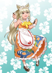 Rule 34 | 1girl, absurdres, animal ears, apron, ascot, bare arms, bare shoulders, blonde hair, brown eyes, collar, dress, extra ears, floral background, floral print, frilled apron, frilled collar, frilled dress, frills, full body, hands up, highres, holding, holding pen, japari symbol, kawanami eito, kemono friends, long dress, long hair, looking at viewer, maid headdress, mary janes, official alternate costume, open mouth, orange dress, parted bangs, pen, pencil, print dress, rhinoceros ears, shoes, sleeveless, sleeveless dress, smile, socks, solo, tail, tan, very long hair, waist apron, waitress, white rhinoceros (kemono friends), white socks, wrist cuffs