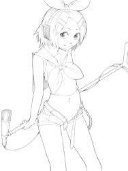 Rule 34 | akinbo (hyouka fuyou), greyscale, kagamine rin, microphone, microphone stand, monochrome, short shorts, shorts, solo, unzipped, vocaloid