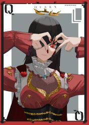 Rule 34 | 1girl, absurdres, black hair, card, card (medium), collar, commentary request, corset, expressionless, fingernails, floating crown, flower, frilled collar, frills, hair over one eye, hands up, heart, heart-shaped pupils, heart hands, heart hands over eye, highres, jewelry, long fingernails, long hair, long sleeves, looking at viewer, nail polish, necklace, original, pendant, playing card, queen (playing card), red eyes, retokoshi, rose, solo, symbol-shaped pupils, upper body