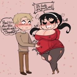 Rule 34 | 1boy, 1girl, big belly, black hair, blonde hair, blush, breasts, chibi, cleavage, closed eyes, curvy, embarrassed, english text, full body, hair bun, hairband, hand on own face, highres, large breasts, long hair, pantyhose, plump, pregnant, rubbing belly, shoes, slickpens, spy x family, standing, sweater, thick thighs, thighs, torn clothes, torn pantyhose, twilight (spy x family), wide hips, yor briar