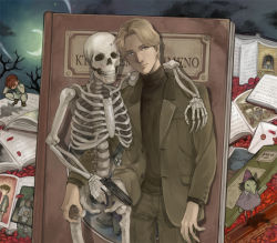 Rule 34 | 1boy, arm around shoulder, bare tree, blonde hair, blue eyes, book, bullet hole, cloud, crescent moon, doll, expressionless, flower, formal, gun, hinoakimitsu, johan liebert, letter, looking at viewer, monster (manga), moon, night, night sky, red rose, rose, sharp teeth, shorts, skeleton, sky, squatting, star (sky), starry sky, suit, teeth, the monster without a name, tree, turtleneck, tuxedo, weapon