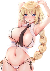 Rule 34 | 1girl, adapted costume, armpits, arms up, between breasts, bikini, black necktie, blonde hair, blue eyes, braid, breasts, commentary request, fate/apocrypha, fate/grand order, fate (series), geko, jeanne d&#039;arc (fate), jeanne d&#039;arc (girl from orleans) (fate), jeanne d&#039;arc (ruler) (fate), large breasts, long hair, looking at viewer, navel, necktie, necktie between breasts, open mouth, side-tie bikini bottom, simple background, single braid, smile, solo, swimsuit, white background, white bikini