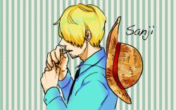 Rule 34 | 1boy, blonde hair, character name, cigarette, hat, lillil (1212neko), male focus, one piece, sanji (one piece), smoking, solo, stampede string, straw hat, striped, striped background, vertical stripes