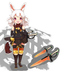 Rule 34 | 1girl, animal ears, belt, black dress, boots, bracelet, rabbit ears, dress, elbow gloves, gloves, jewelry, knee boots, open mouth, original, red eyes, scarf, sheath, sheathed, short dress, short hair, simple background, sleeveless, sleeveless dress, smile, solo, sword, thighhighs, weapon, white hair