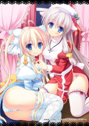 Rule 34 | 2girls, animal ears, antenna hair, arch bishop (ragnarok online), ass, blonde hair, blue dress, blue eyes, blue flower, blue panties, blush, border, bow, breasts, brown hair, cleavage cutout, closed mouth, clothing cutout, commentary request, cross, cross necklace, curtains, dog ears, dress, feet out of frame, fishnet legwear, fishnets, flower, frilled legwear, furukawa lemon, grey hair, hair between eyes, hair bow, hair ribbon, hat, hat flower, high priest (ragnarok online), indoors, jewelry, juliet sleeves, kneeling, lace, lace border, leaf hat ornament, long hair, long sleeves, looking at viewer, medium breasts, multiple girls, necklace, ornate border, panties, panty peek, pelvic curtain, pink panties, puffy sleeves, ragnarok online, red dress, red ribbon, ribbon, ribbon legwear, sash, smile, striped clothes, striped panties, thighhighs, translation request, twintails, two-tone dress, underwear, white bow, white dress, white headwear, white legwear, white panties, white sash, window, yellow sash