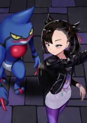 Rule 34 | 1girl, alternate costume, arm up, asymmetrical bangs, backpack, bag, black bag, black hair, black jacket, closed mouth, creatures (company), ear piercing, from above, game freak, gen 4 pokemon, green eyes, hair ribbon, hand up, highres, jacket, jewelry, looking to the side, marnie (pokemon), nianag0, nintendo, pants, pendant, piercing, pokemon, pokemon (creature), pokemon swsh, print shirt, purple pants, red ribbon, ribbon, shirt, tight clothes, tight pants, toxicroak, twintails, two side up, watch, white shirt, wristwatch