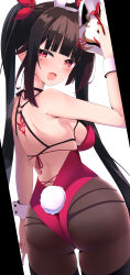 Rule 34 | 1girl, absurdres, animal ears, armpit crease, ass, back tattoo, bare shoulders, black hair, blush, breasts, butterfly-shaped pupils, commentary request, cowboy shot, detached sleeves, dutch angle, fake animal ears, fake tail, fingernails, fox mask, from behind, highres, honkai: star rail, honkai (series), leotard, long hair, mask, mask on head, medium breasts, mole, mole under each eye, mole under eye, multiple moles, nail polish, open mouth, pink eyes, rabbit ears, rabbit hole (vocaloid), rabbit tail, red leotard, red nails, simple background, smile, sparkle (honkai: star rail), symbol-shaped pupils, tail, tattoo, tetori (tetolisto), twintails, vocaloid, white background, white wrist cuffs, wide sleeves, wrist cuffs