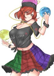 Rule 34 | 1girl, absurdres, bare shoulders, black choker, black headwear, black neckwear, black shirt, breasts, chain, choker, closed mouth, clothes writing, earth (ornament), gold chain, green skirt, hair between eyes, hands up, heart, heart print, hecatia lapislazuli, highres, kuraki, large breasts, looking at viewer, moon (ornament), multicolored clothes, multicolored skirt, off shoulder, pink headwear, plaid, plaid skirt, purple skirt, red eyes, red hair, red skirt, shirt, short hair, short sleeves, simple background, skirt, smile, solo, standing, t-shirt, touhou, white background, wristband