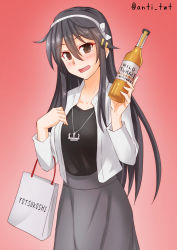Rule 34 | 1girl, anchor, anti (untea9), bag, black hair, black skirt, blazer, brand name imitation, brown eyes, commentary request, gradient background, grey skirt, hairband, haruna (kancolle), head tilt, highres, jacket, jewelry, kantai collection, long hair, looking at viewer, mitsukoshi (department store), necklace, red background, shopping bag, skirt, solo, twitter username, white jacket