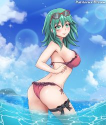 Rule 34 | 1girl, absurdres, alternate costume, ass, bikini, blush, breasts, byleth (female) (fire emblem), byleth (fire emblem), eyewear on head, female focus, fire emblem, fire emblem: three houses, green eyes, green hair, highres, large breasts, looking at viewer, medium hair, nintendo, ocean, patdarux, red bikini, smile, solo, summer, sunglasses, swimsuit