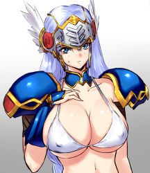 Rule 34 | 1girl, arm at side, armor, bikini, blue armor, blue eyes, blue hair, braid, breasts, cleavage, closed mouth, collarbone, covered erect nipples, feathered wings, frown, gold trim, gradient background, hair between eyes, hand on own chest, headpiece, highres, huge breasts, lenneth valkyrie, long braid, long hair, midriff, negresco, pauldrons, shoulder armor, single braid, solo, straight hair, sweatdrop, swimsuit, valkyrie profile (series), vambraces, very long hair, white bikini, white wings, wings