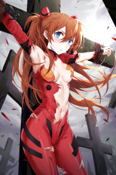 Rule 34 | 1girl, absurdres, arms up, blood, blue eyes, bodysuit, breasts, brown hair, cleavage, covered erect nipples, crucifixion, curvy, devil heavens, floating hair, hair between eyes, hand on own chest, highres, injury, long hair, looking at viewer, medium breasts, navel, neon genesis evangelion, open mouth, plugsuit, rebuild of evangelion, simple background, skin tight, sky, smile, solo, souryuu asuka langley, standing, sweat, torn bodysuit, torn clothes, wind