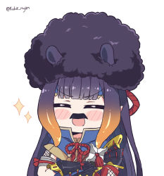 Rule 34 | :d, ^ ^, afro, armor, black hair, blunt bangs, blush stickers, closed eyes, commentary, crossed arms, english commentary, facial hair, gradient hair, highres, hime cut, hololive, hololive english, kamura (armor), kukie-nyan, long hair, monster hunter (series), monster hunter rise, multicolored hair, mustache, ninomae ina&#039;nis, open mouth, orange hair, purple hair, sidelocks, simple background, smile, solo, sparkle, tentacle hair, twitter username, upper body, virtual youtuber, white background