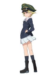 Rule 34 | 10s, 1girl, black footwear, black socks, blonde hair, blue jacket, boots, brown eyes, closed mouth, erwin (girls und panzer), from side, full body, girls und panzer, goggles, goggles on headwear, green hat, green shirt, hand on own hip, hat, highres, jacket, kicchi (tmgk), long sleeves, military, military hat, military uniform, miniskirt, ooarai military uniform, peaked cap, pleated skirt, pointy hair, shirt, short hair, skirt, smile, socks, solo, standing, transparent background, uniform, white skirt, zipper