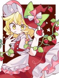 Rule 34 | 1girl, :p, alternate color, apron, blonde hair, blouse, bow, braid, commentary, flower ring, food, frilled apron, frilled hat, frilled skirt, frills, fruit, green bow, hair bow, hands up, hat, hat bow, holding, holding food, holding fruit, jewelry, kirisame marisa, looking at viewer, medium hair, n07m25s, pink bow, plant, puffy short sleeves, puffy sleeves, red hat, red skirt, red vest, ring, shirt, short sleeves, single braid, skirt, solo, strawberry, symbol-only commentary, tongue, tongue out, touhou, v-shaped eyebrows, vest, vines, waist apron, white apron, white bow, white shirt, witch hat, yellow eyes
